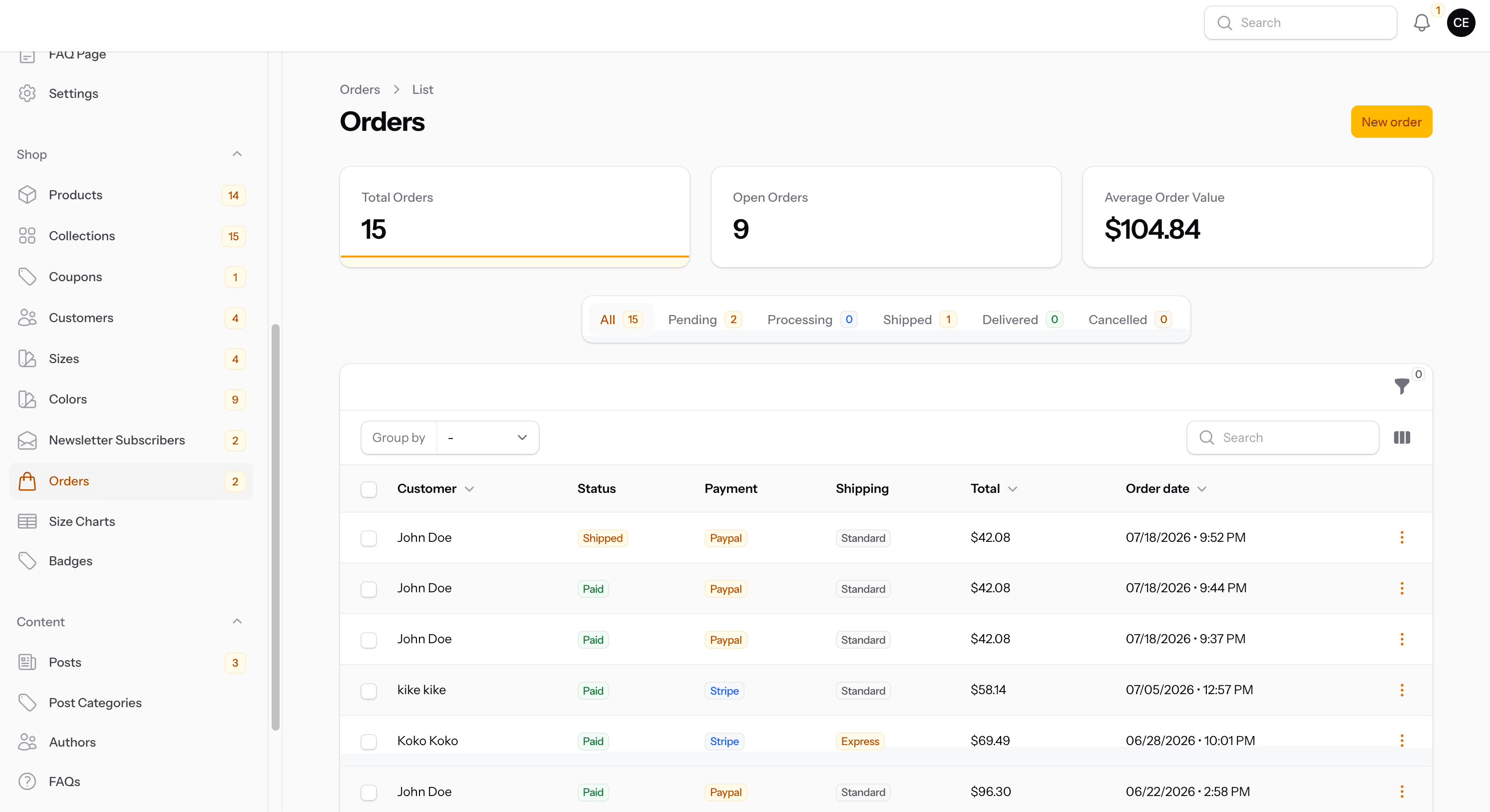 Order management — every order with its payment state, driven by webhook confirmation rather than the client redirect alone.