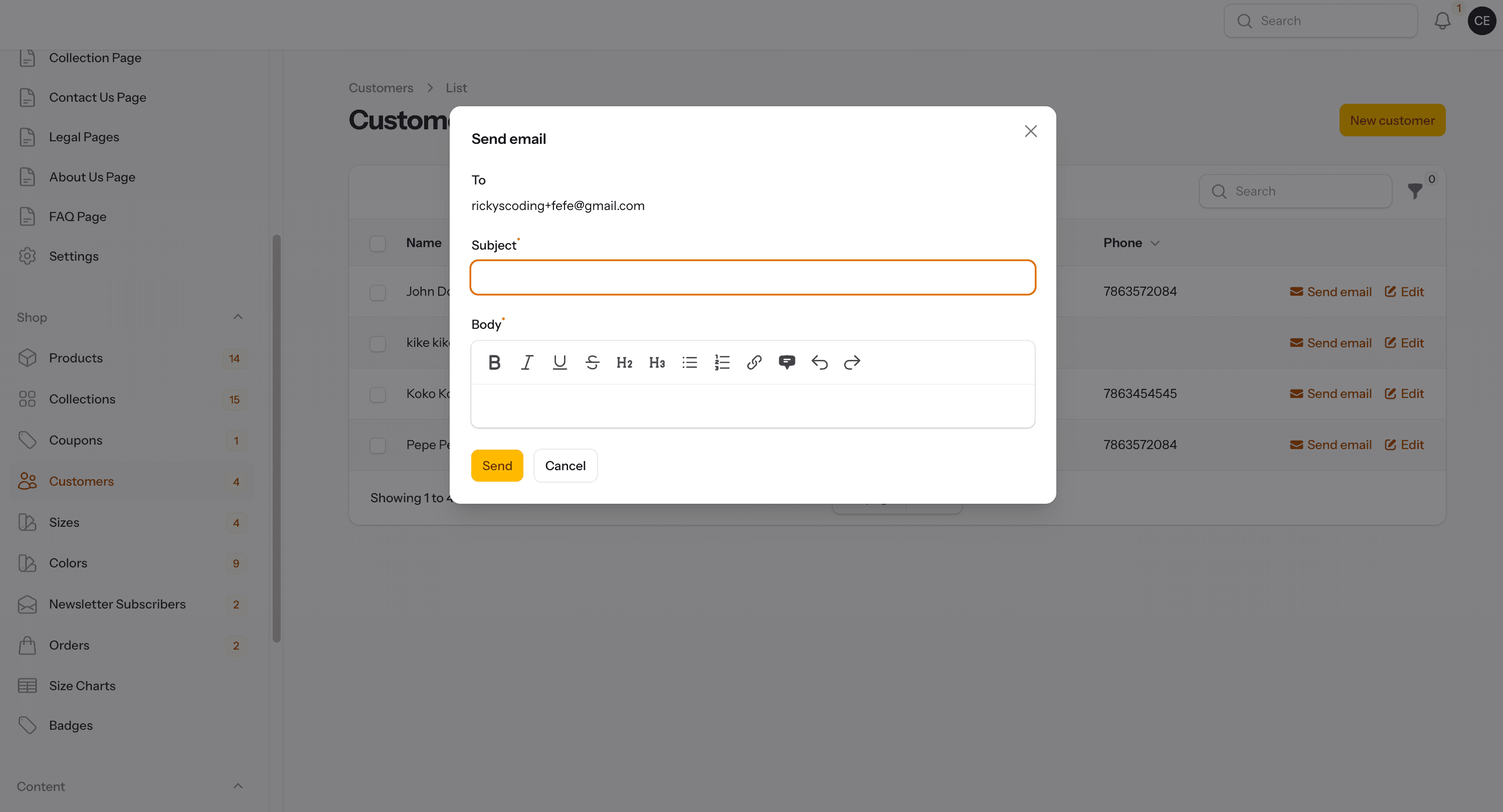 Transactional email — shipping notifications with carrier and tracking information sent from the admin.