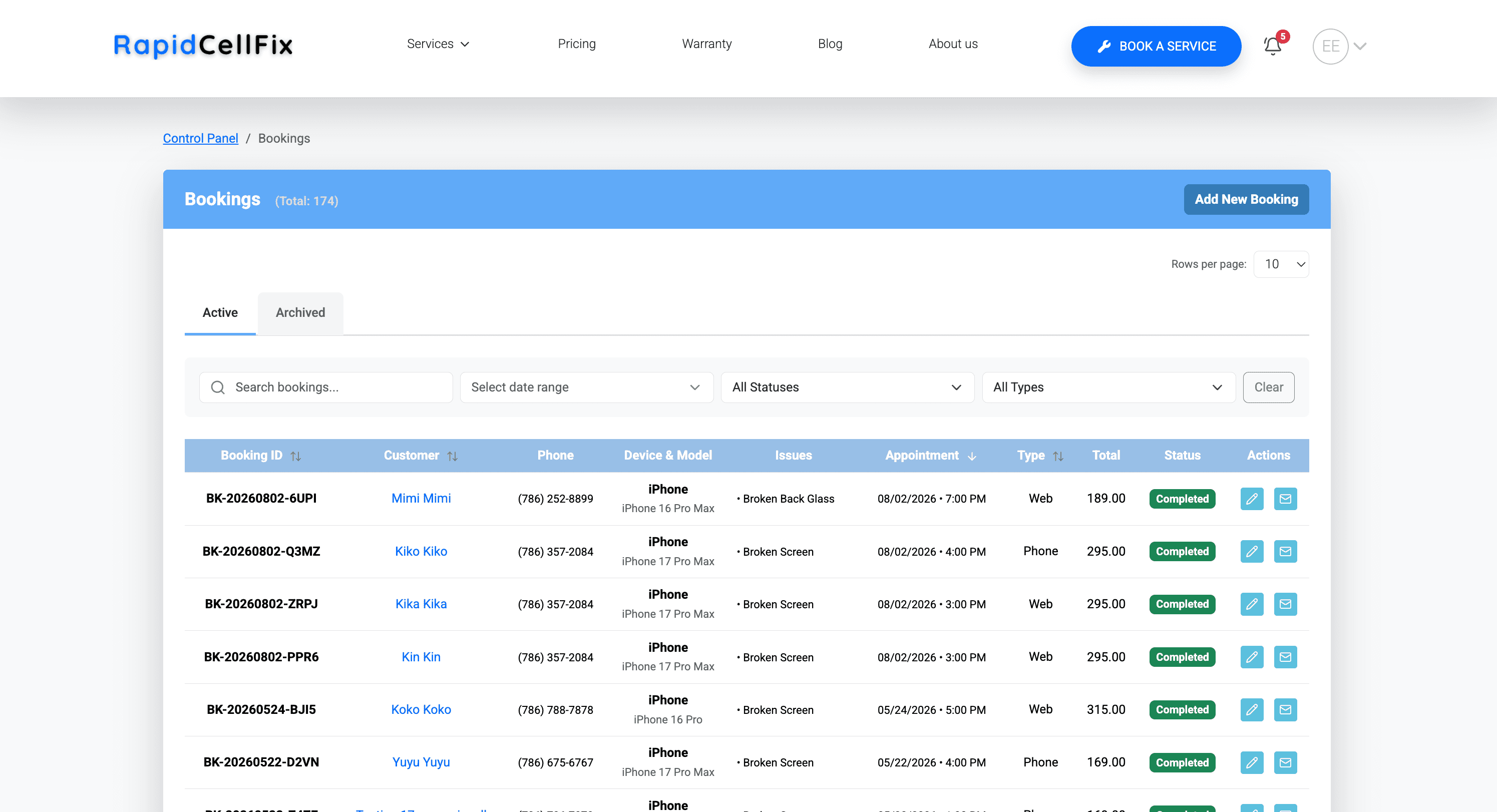 Admin bookings — every job with its device, reported issue, appointment window, booking source, total, and status in one filterable table.