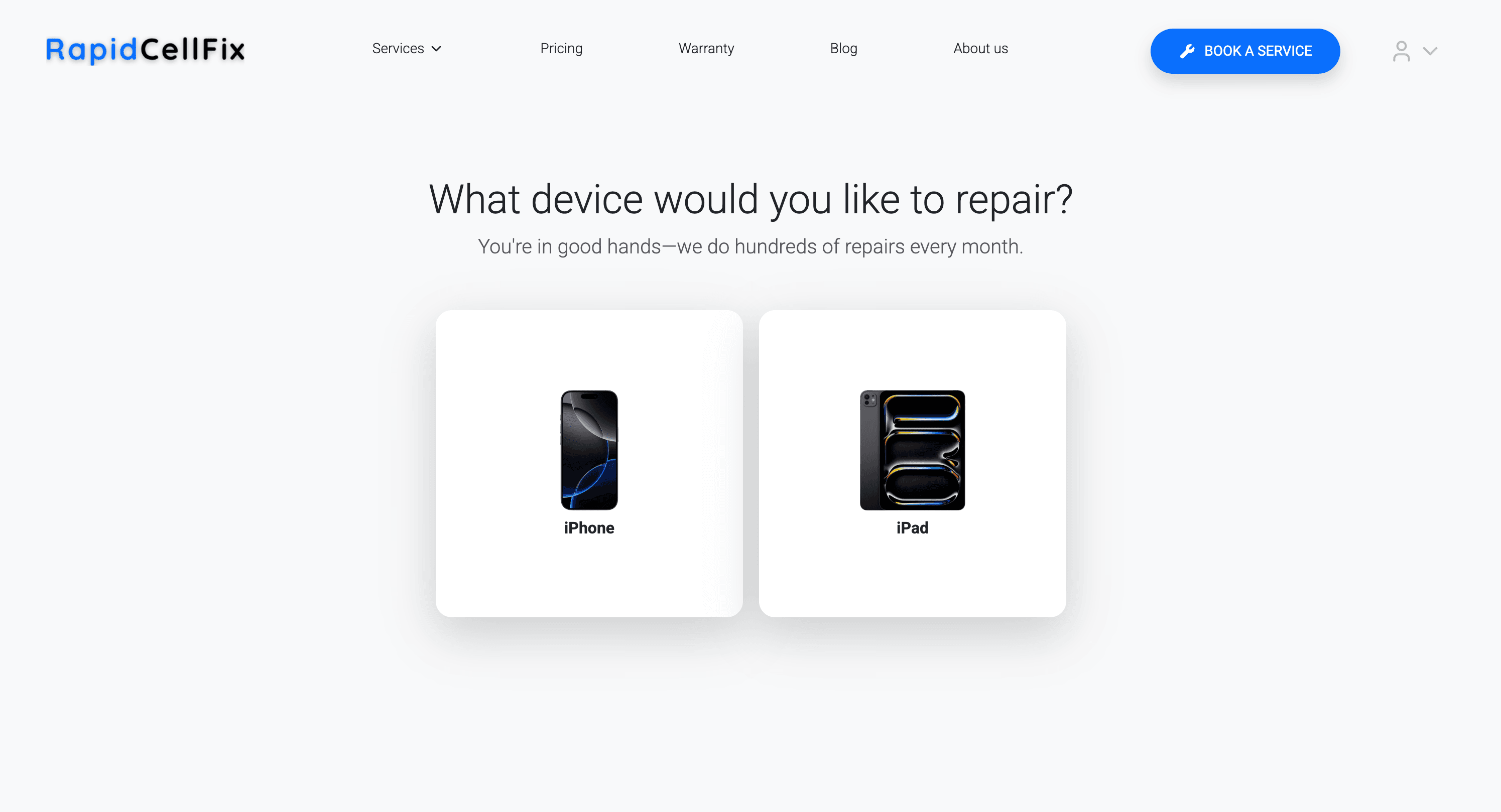 Customer booking flow — device selection is the first step, before model, screen quality, address, and time window.