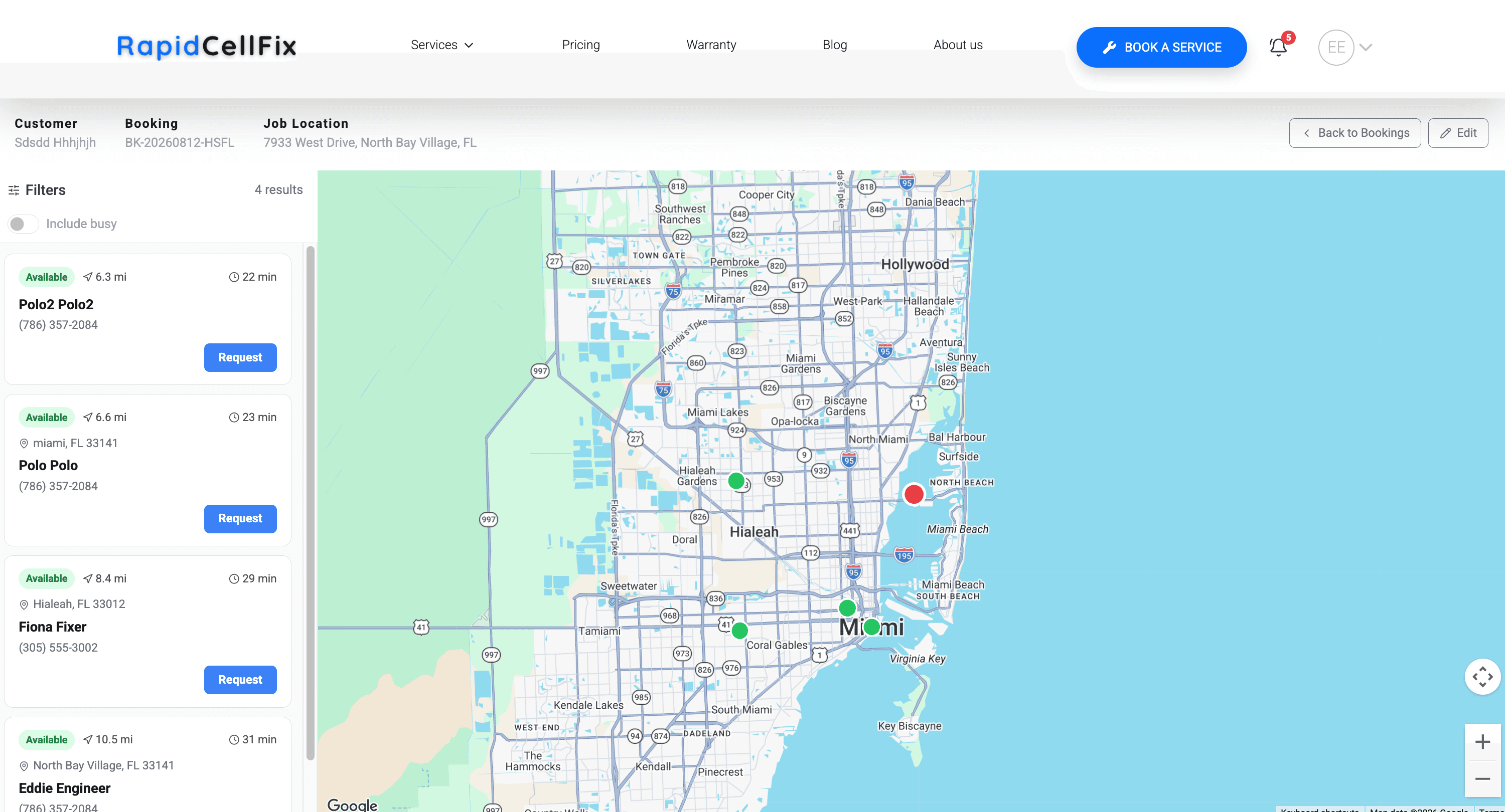 Dispatch view — available technicians ranked by distance and ETA from the job, with live positions on the map and one-click assignment.