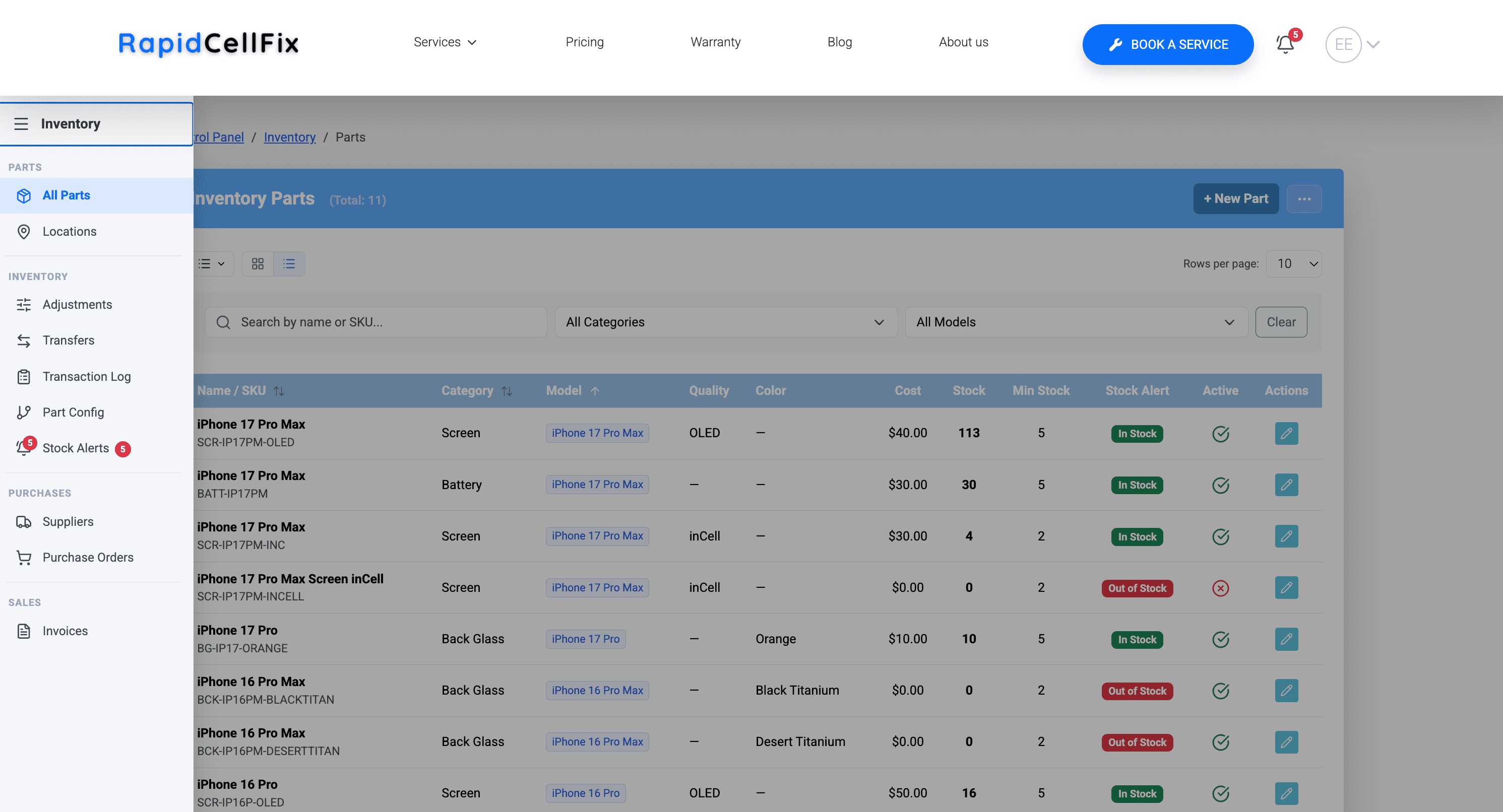 Inventory — parts tracked by SKU, model, and quality tier across shop and van locations, with stock alerts and purchase-order receiving.